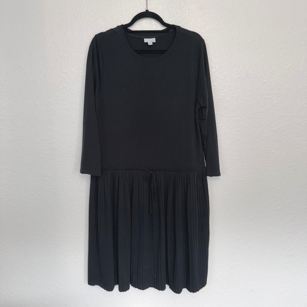 J. Jill Black Pleated Drop Waist Dress Long Sleeve Crew Neck Tall Large
